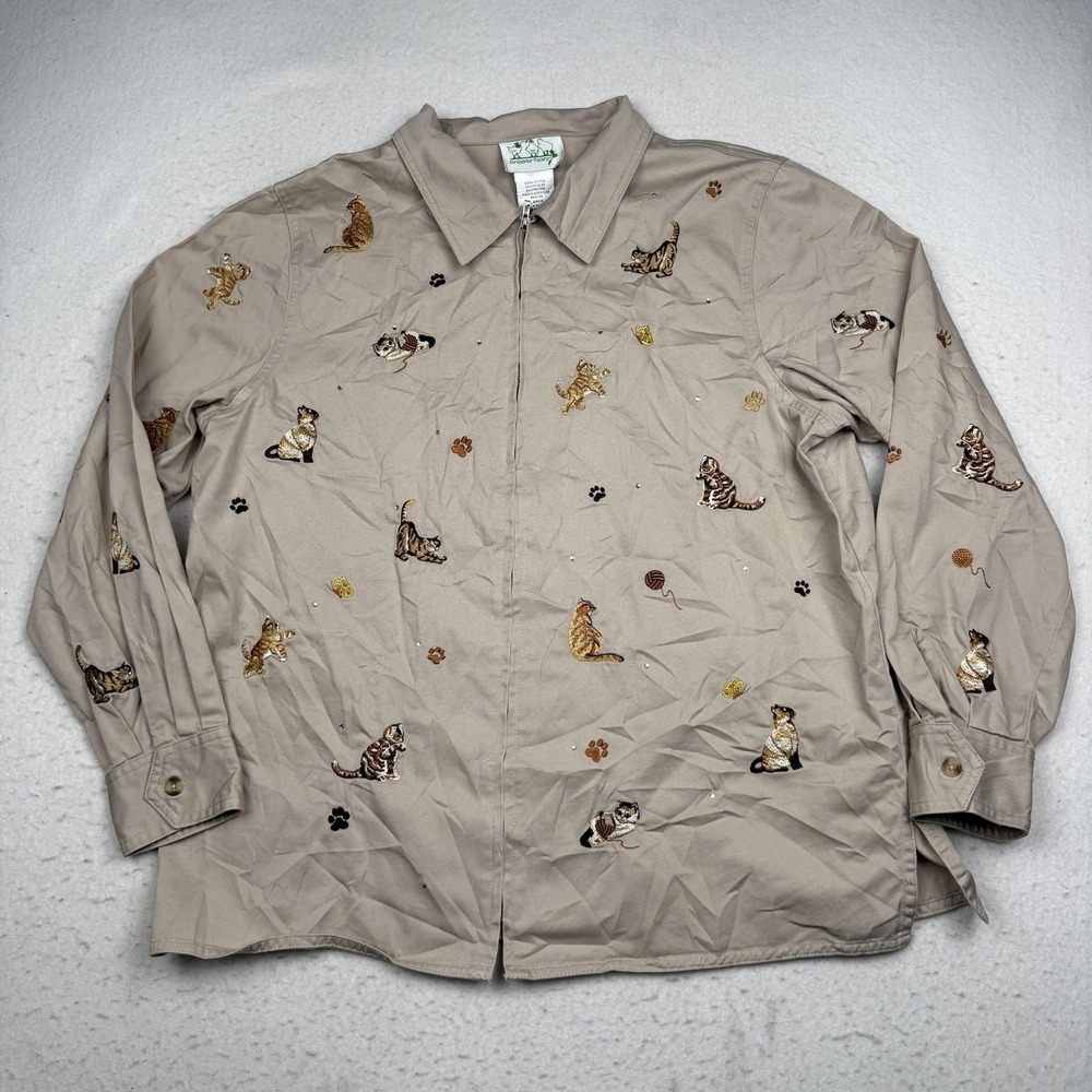 Quacker Factory Jacket Womens Large Beige Cat Embroidered Rhinestone Twill Zip